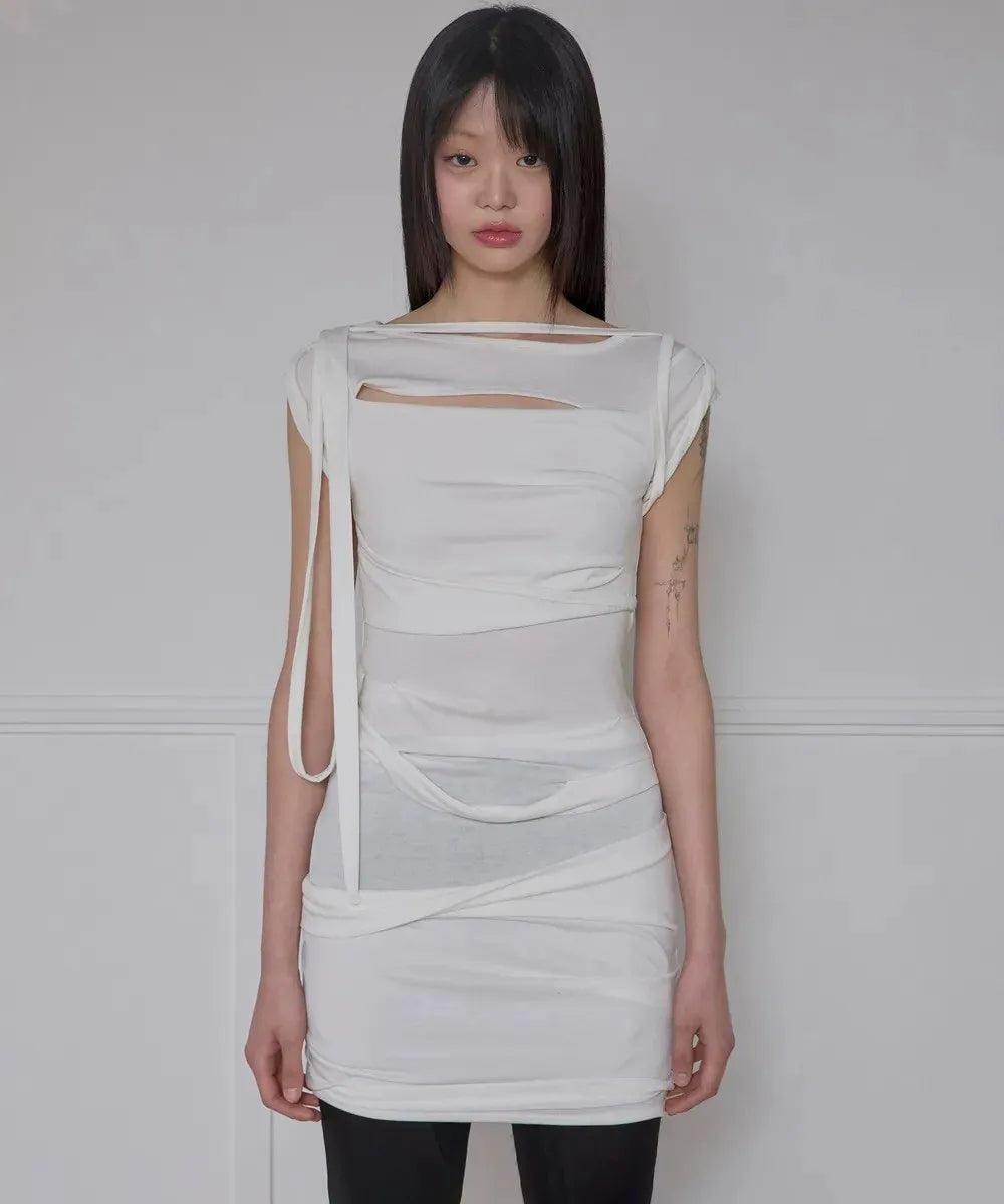 【Flare up】Asymmetrical Draped Strap Roll-Up Dress [Black / White / Gray]