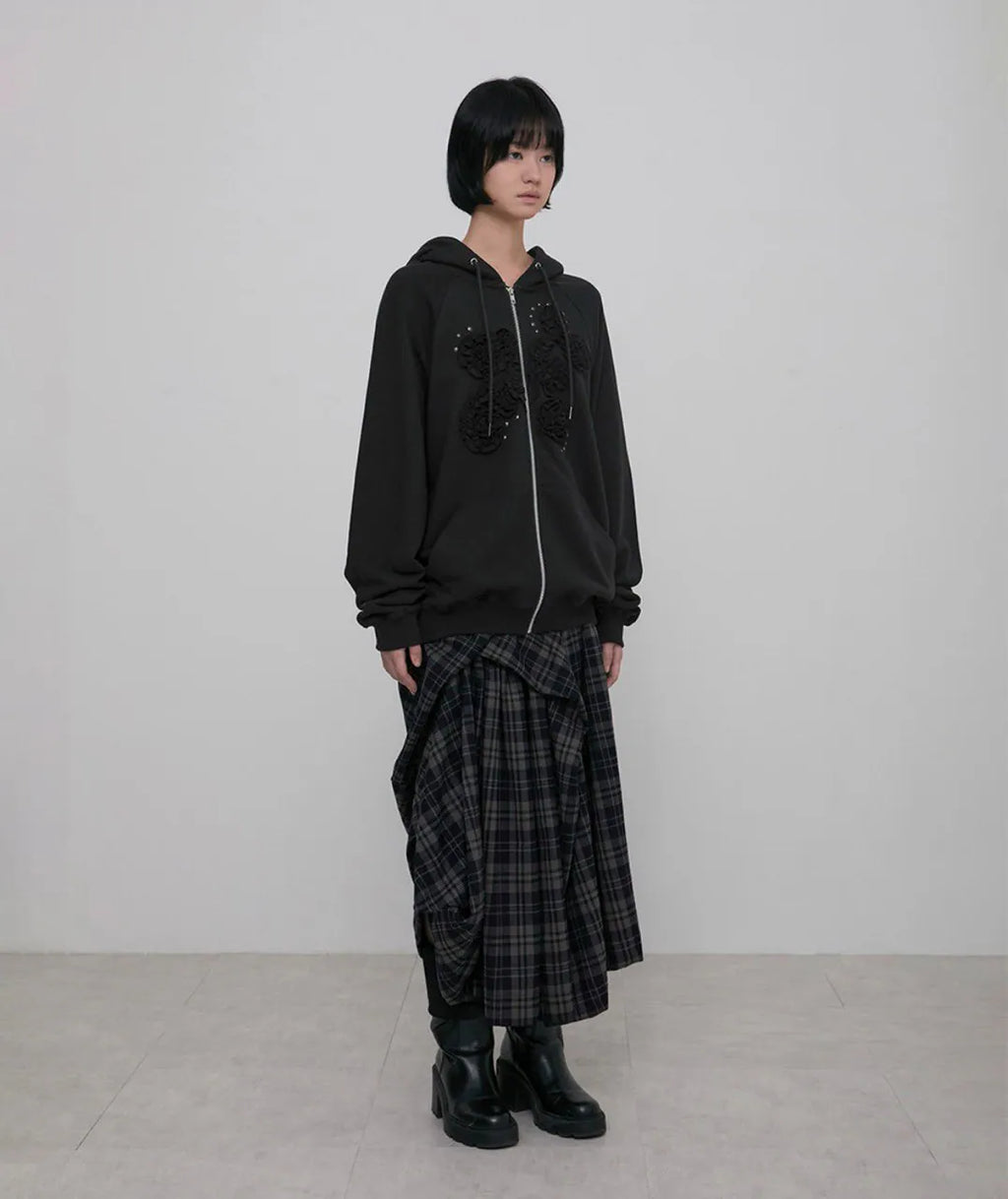 【Flare up】Ruffle Zip Hoodie  [Black / Gray / Dark gray / Cream]