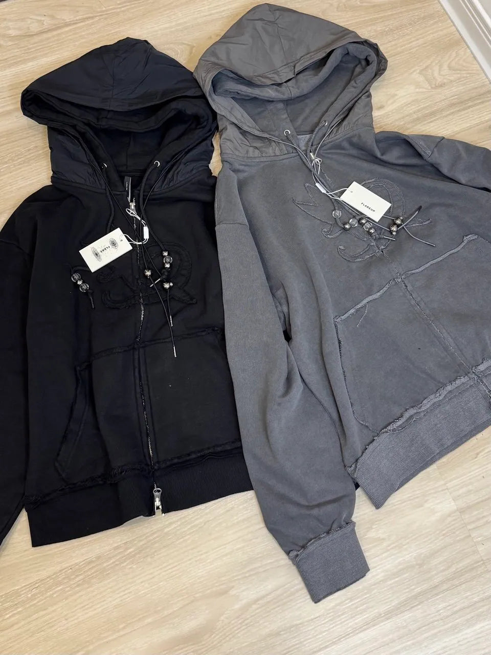 【Flare up】Layered Zip Hoodie  [Black / Gray / Charcoal]