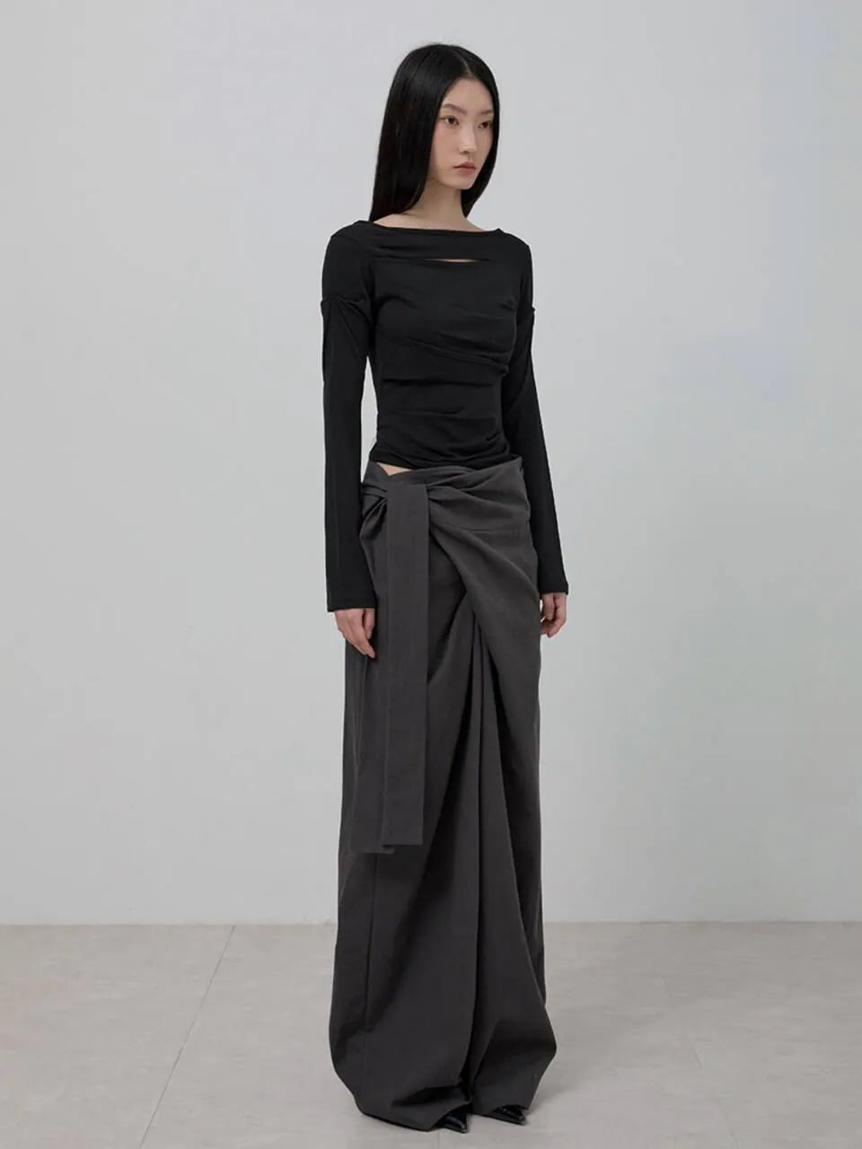 【Flare up】Layered Wrap Trousers [Black / Charcoal]