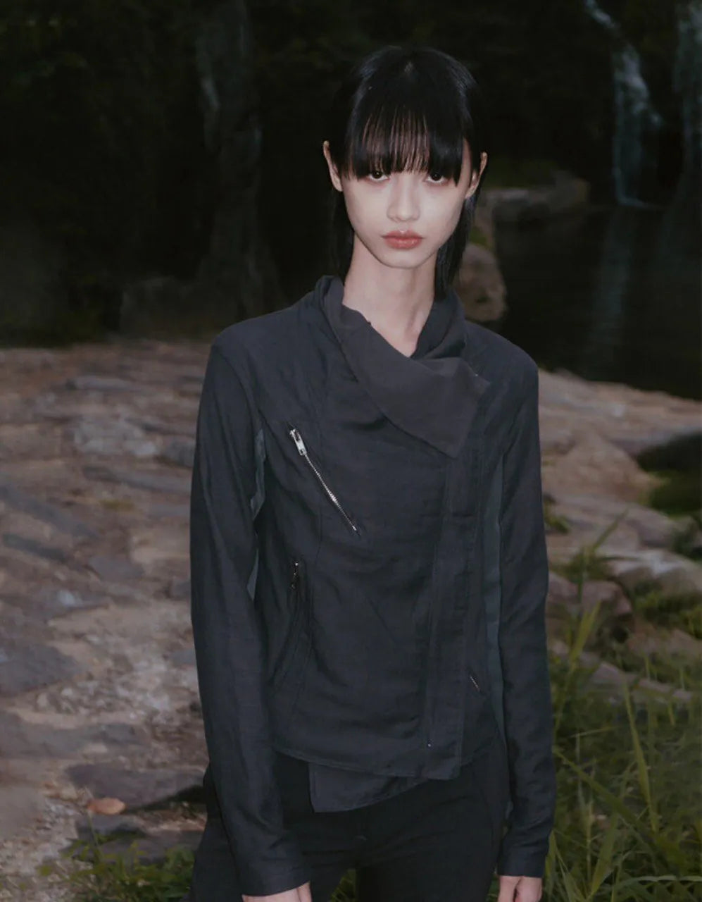 【Flare up】Asymmetrical Biker Leather Jacket [Leather / Black]