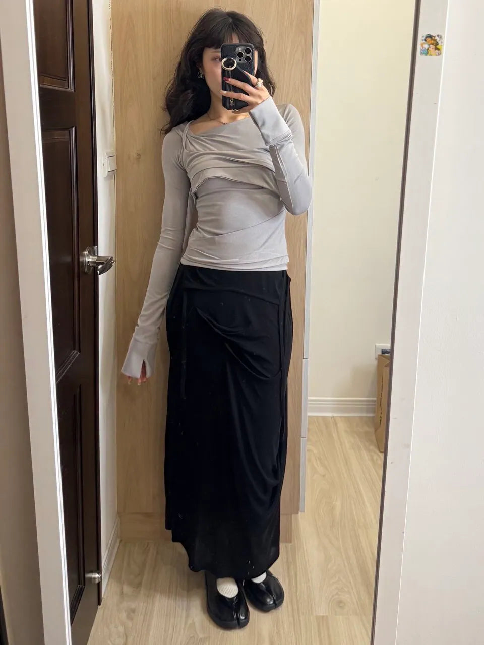 【Flare up】 Asymmetrical Draped Long Skirt [Black / Charcoal]