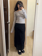 【Flare up】 Asymmetrical Draped Long Skirt [Black / Charcoal]