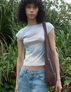 【kijun】Print Cap Sleeve Top [Blue / Charcoal]
