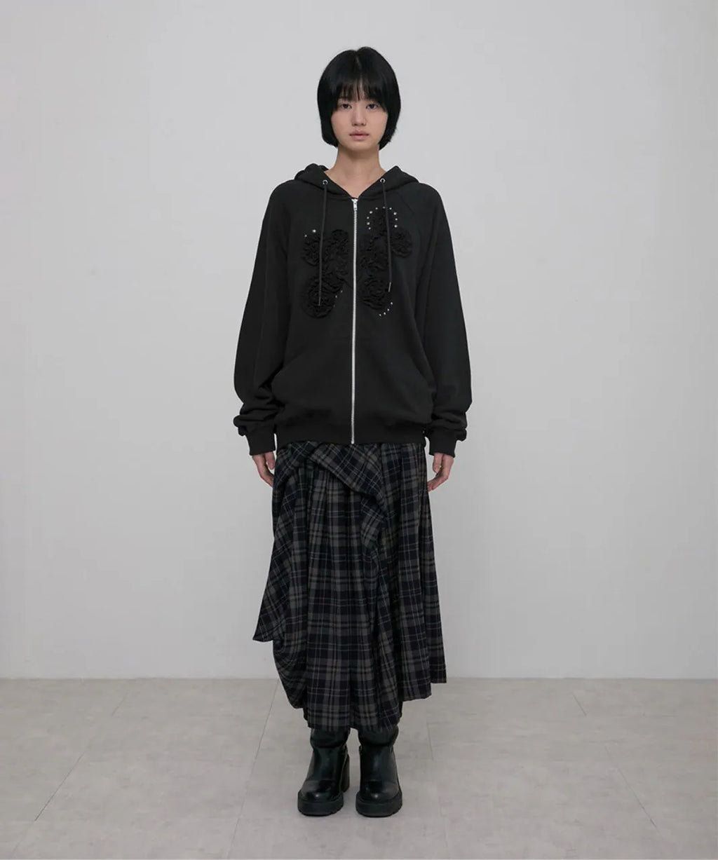 【Flare up】Ruffle Zip Hoodie  [Black / Gray / Dark gray / Cream]