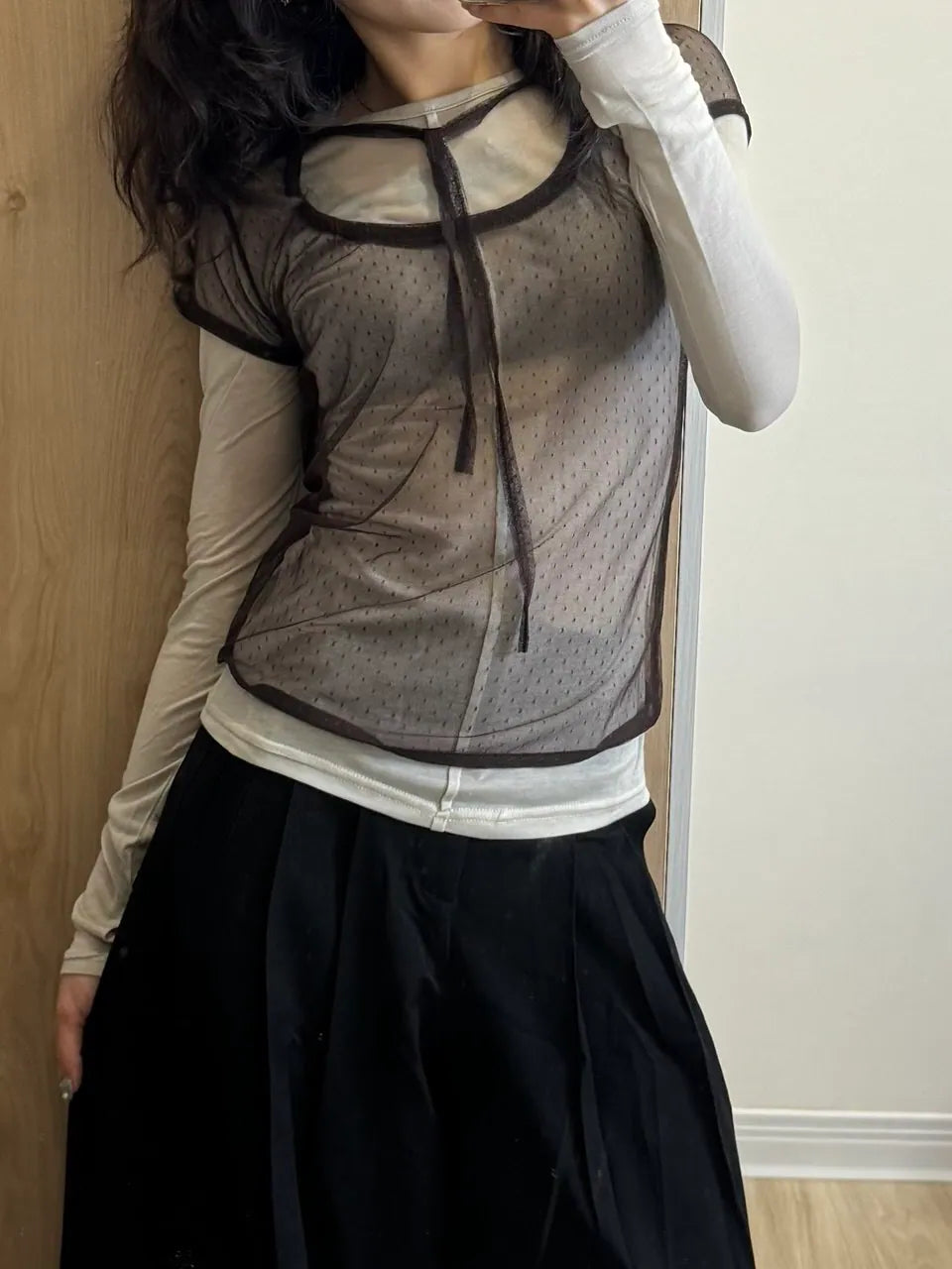 【Fancy Club】3-WAY DOT LAYERED LONG SLEEVE [Beige / Gray]