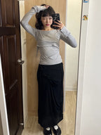 【Flare up】 Asymmetrical Draped Long Skirt [Black / Charcoal]