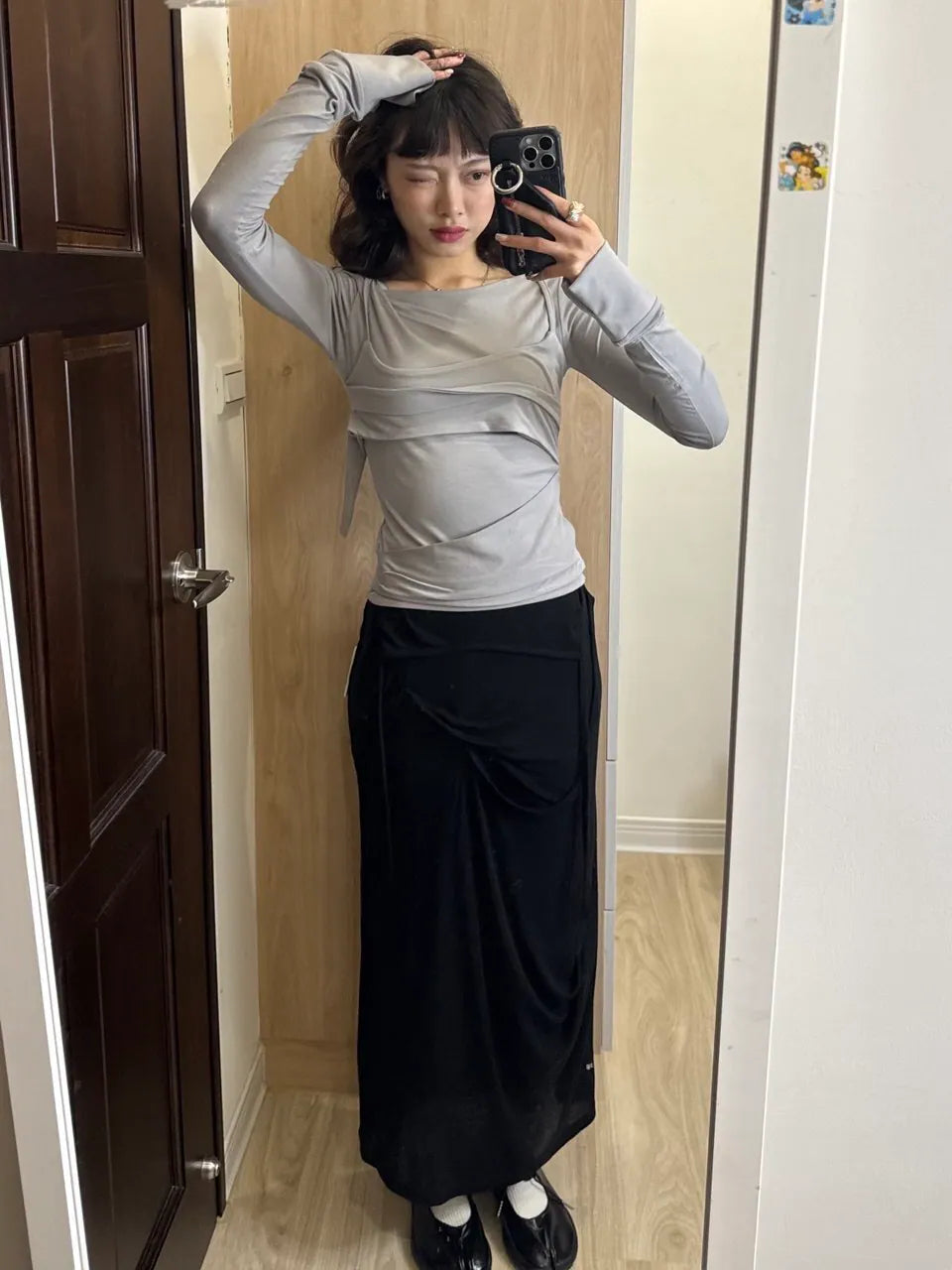 【Flare up】 Asymmetrical Draped Long Skirt [Black / Charcoal]