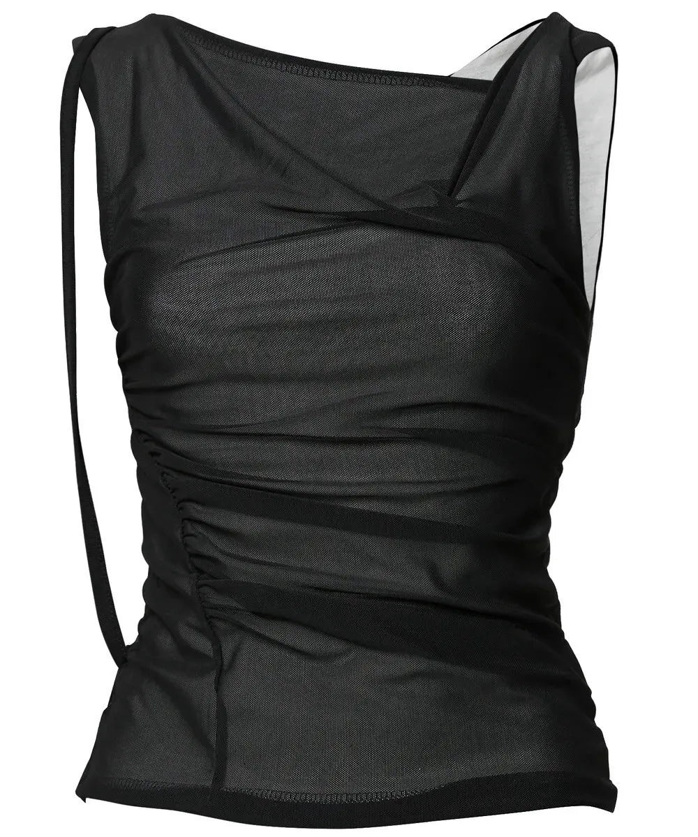 【Flare up】Draped Mesh Layered Sleeveless [Black / Gray]