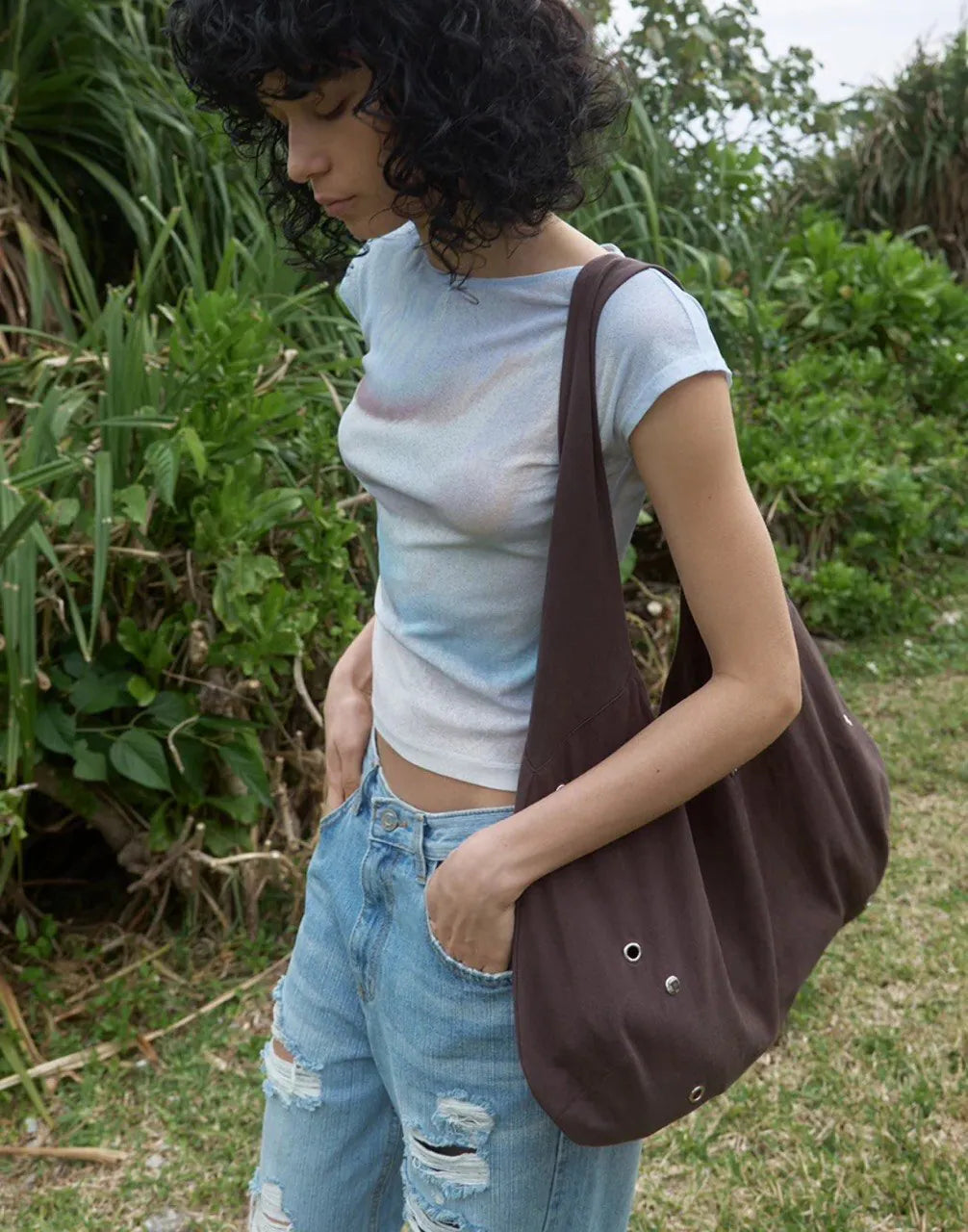 【kijun】Print Cap Sleeve Top [Blue / Charcoal]