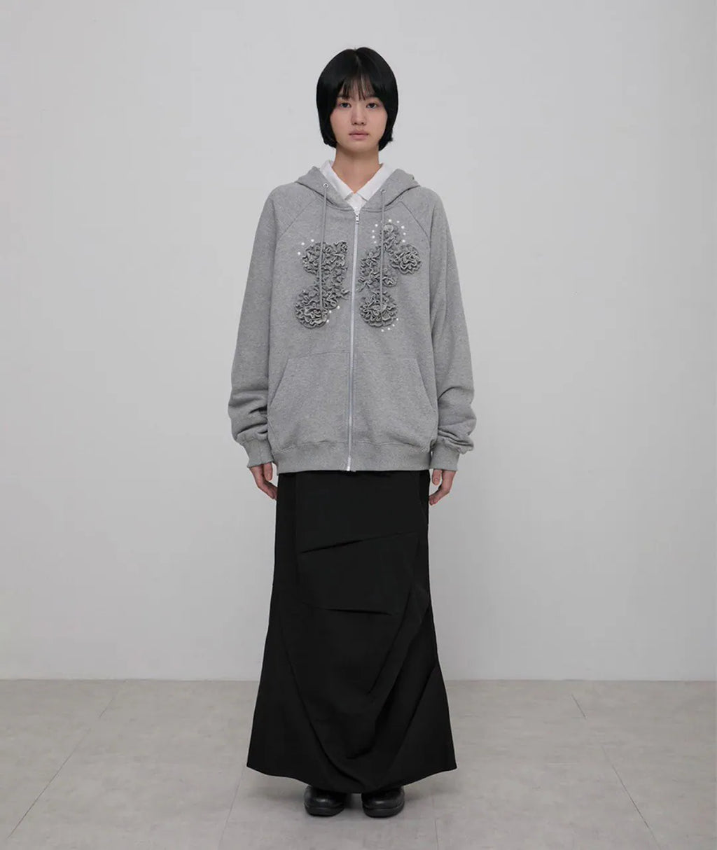【Flare up】Ruffle Zip Hoodie  [Black / Gray / Dark gray / Cream]