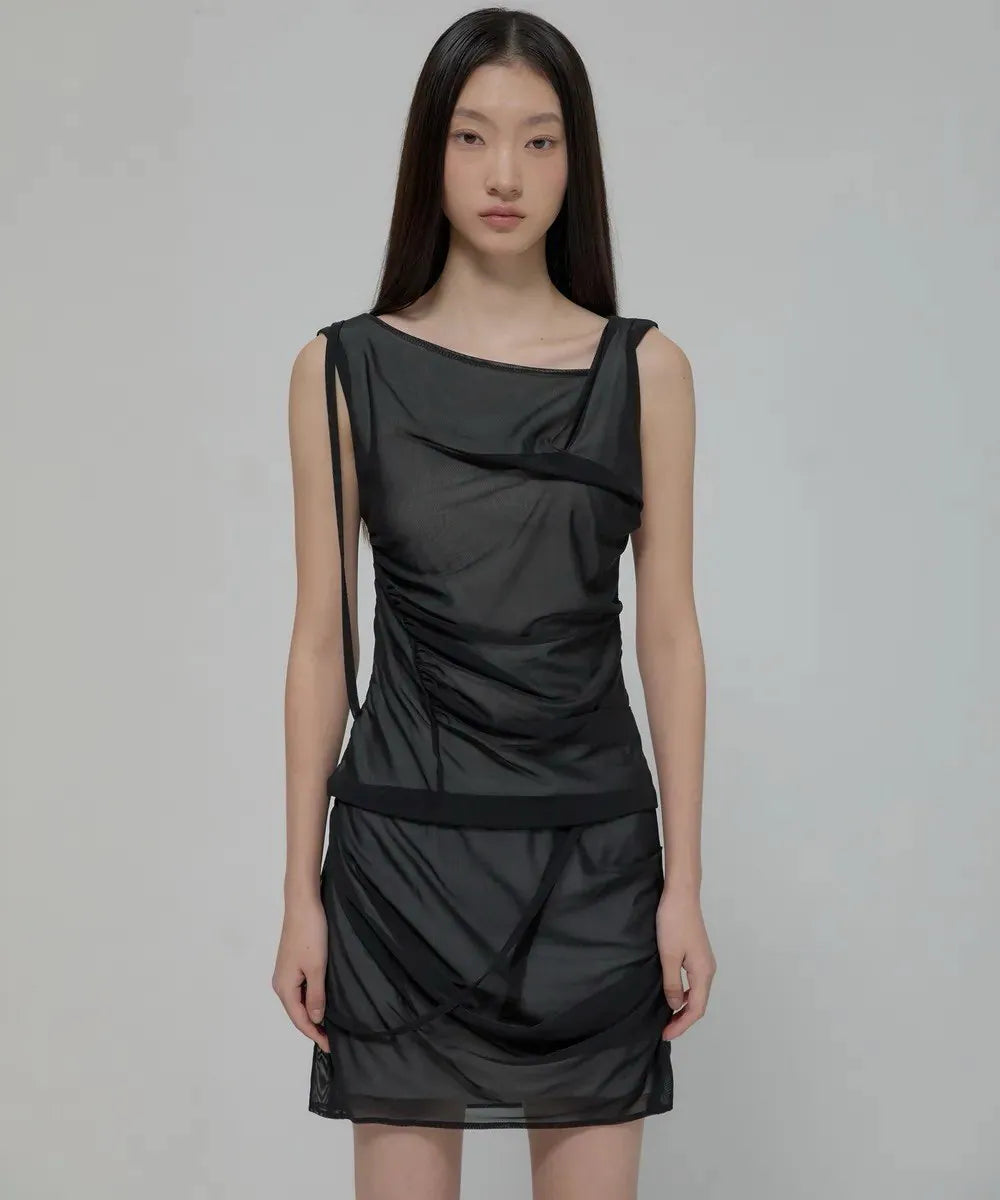 【Flare up】Draped Mesh Layered Sleeveless [Black / Gray]