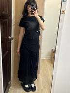 【Flare up】 Asymmetrical Draped Long Skirt [Black / Charcoal]