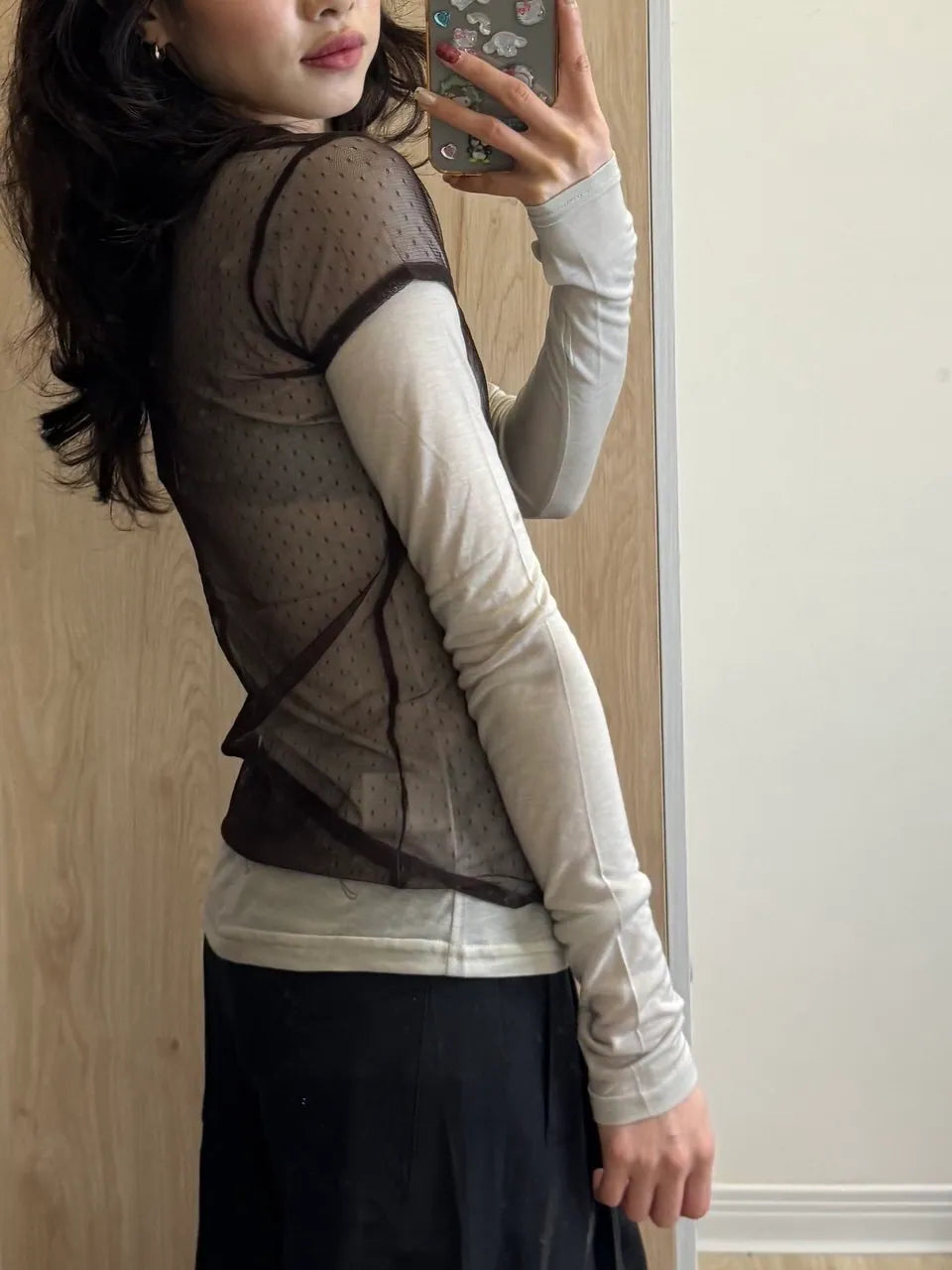 【Fancy Club】3-WAY DOT LAYERED LONG SLEEVE [Beige / Gray]