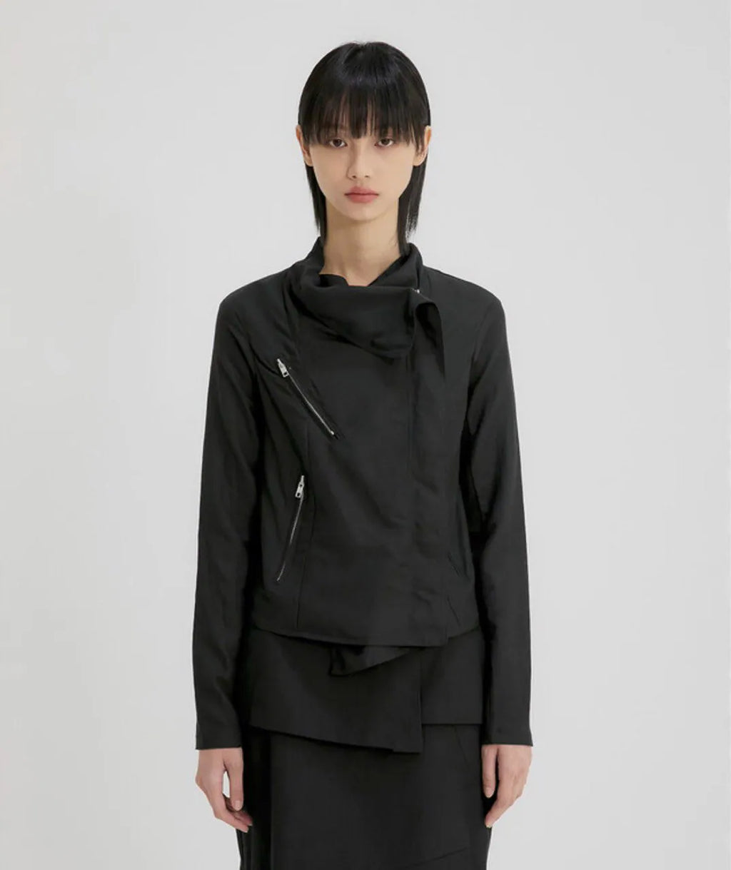 【Flare up】Asymmetrical Biker Leather Jacket [Leather / Black]