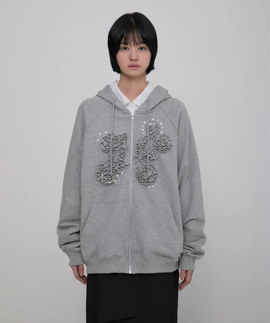 【Flare up】Ruffle Zip Hoodie  [Black / Gray / Dark gray / Cream]
