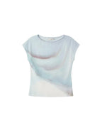 【kijun】Print Cap Sleeve Top [Blue / Charcoal]