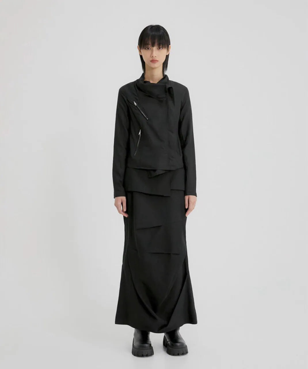 【Flare up】Asymmetrical Biker Leather Jacket [Leather / Black]
