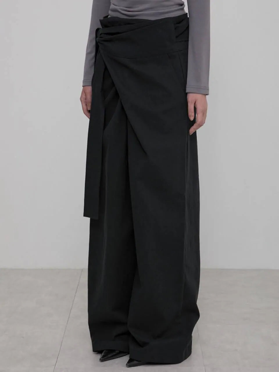 【Flare up】Layered Wrap Trousers [Black / Charcoal]