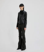 【Flare up】Asymmetrical Biker Leather Jacket [Leather / Black]