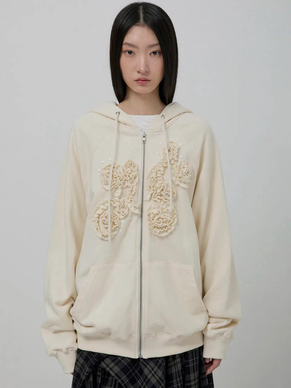 【Flare up】Ruffle Zip Hoodie  [Black / Gray / Dark gray / Cream]