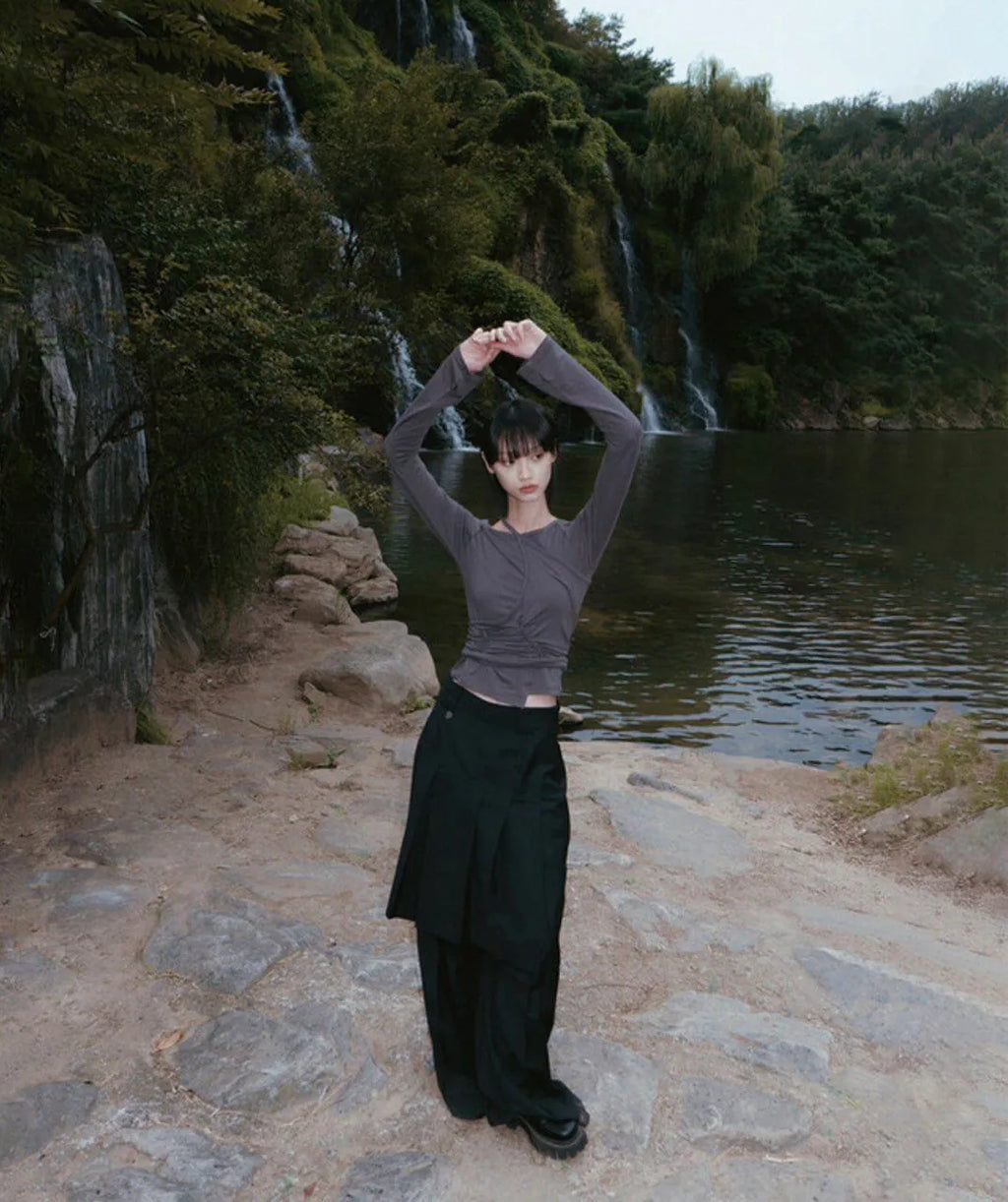 【Flare up】Handmade Twisted Layered Long Sleeve [Black / Charcoal / White]