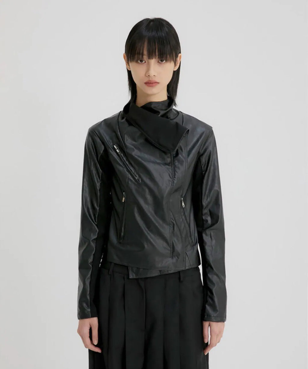 【Flare up】Asymmetrical Biker Leather Jacket [Leather / Black]