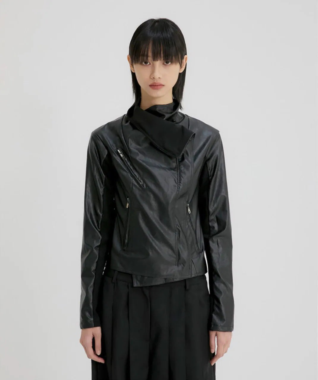 【Flare up】Asymmetrical Biker Leather Jacket [Leather / Black]