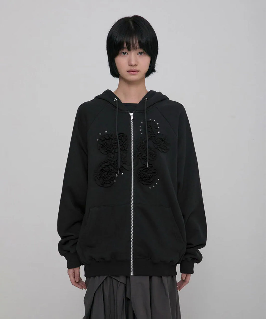 【Flare up】Ruffle Zip Hoodie  [Black / Gray / Dark gray / Cream]