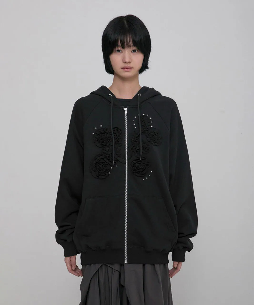 【Flare up】Ruffle Zip Hoodie  [Black / Gray / Dark gray / Cream]