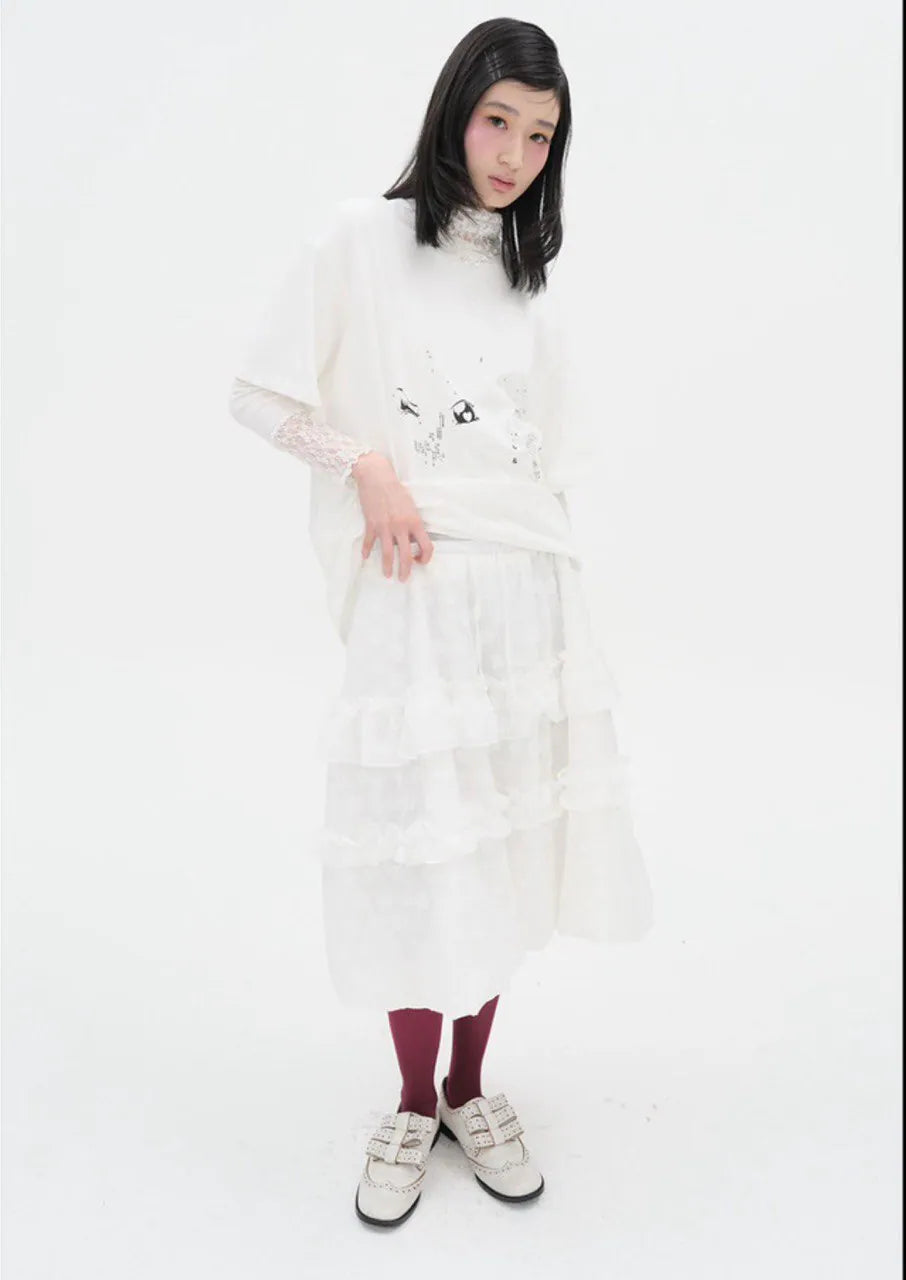 【typeservice】 Layered Volume Lace Skirt [White / Black]