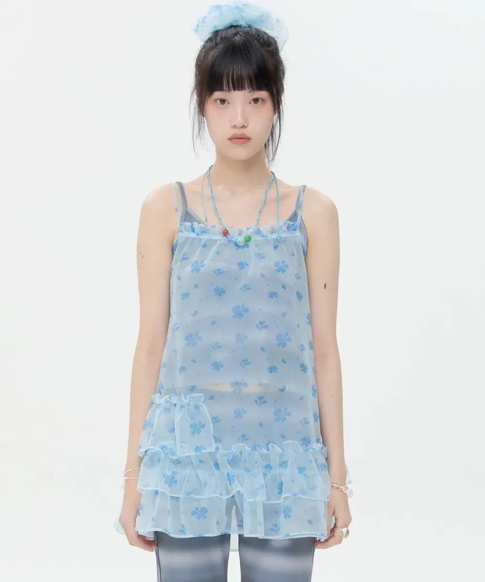 【typeservice】Mesh Ruffled Layered Dress [Yellow / Blue]