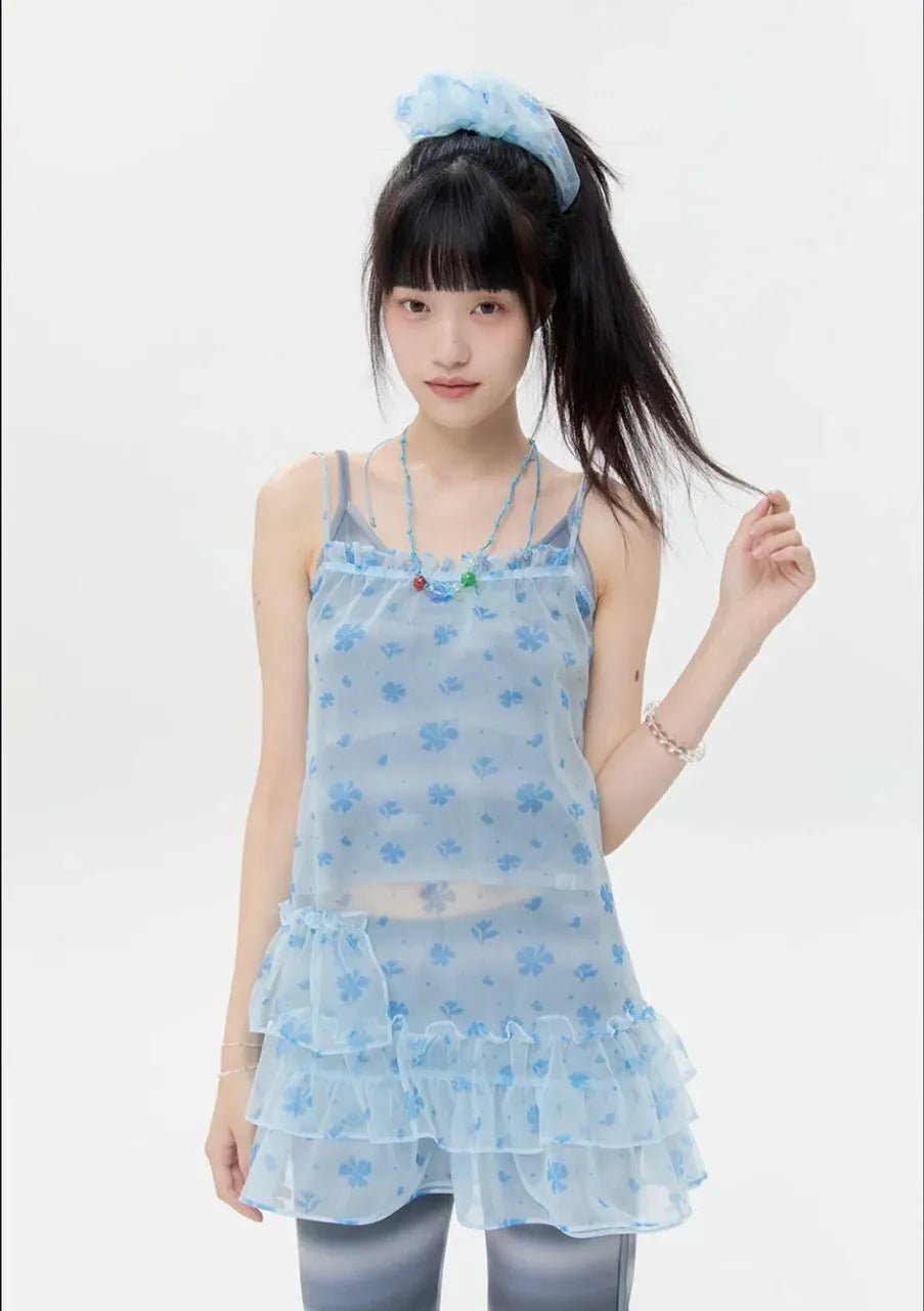 【typeservice】Mesh Ruffled Layered Dress [Yellow / Blue]