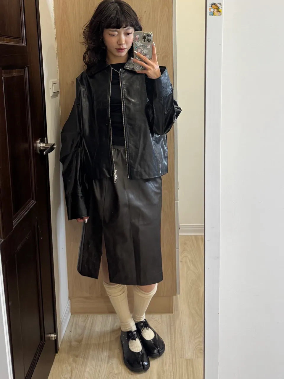 雙頭拉鏈翻領皮外套
