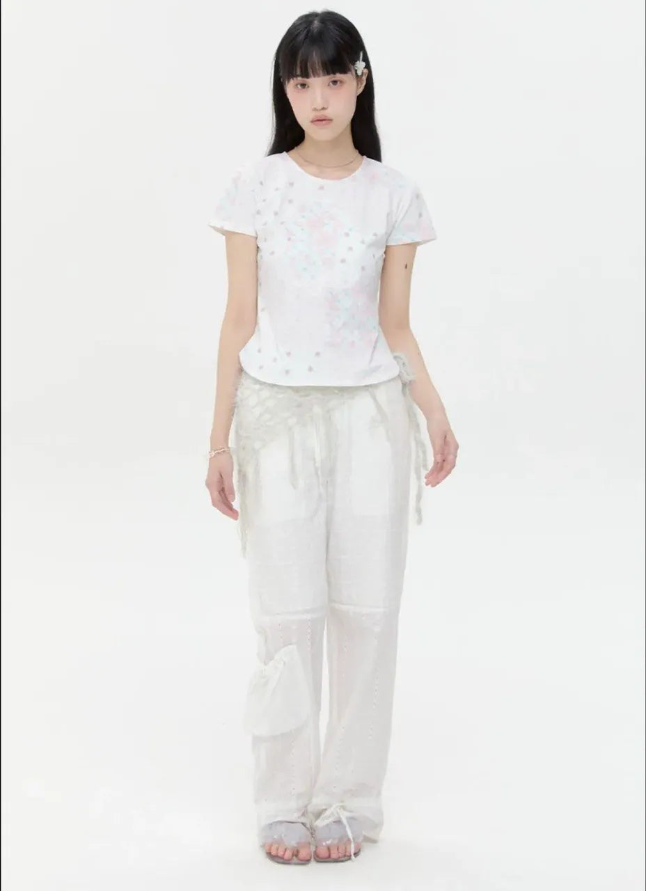 【typeservice】Flower Applique Curve Short Sleeve Top [Pink]