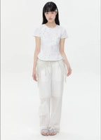 【typeservice】Flower Applique Curve Short Sleeve Top [Pink]
