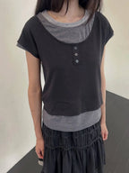 【Flare up】3-Layered Henley T-shirt [Black / Gray]