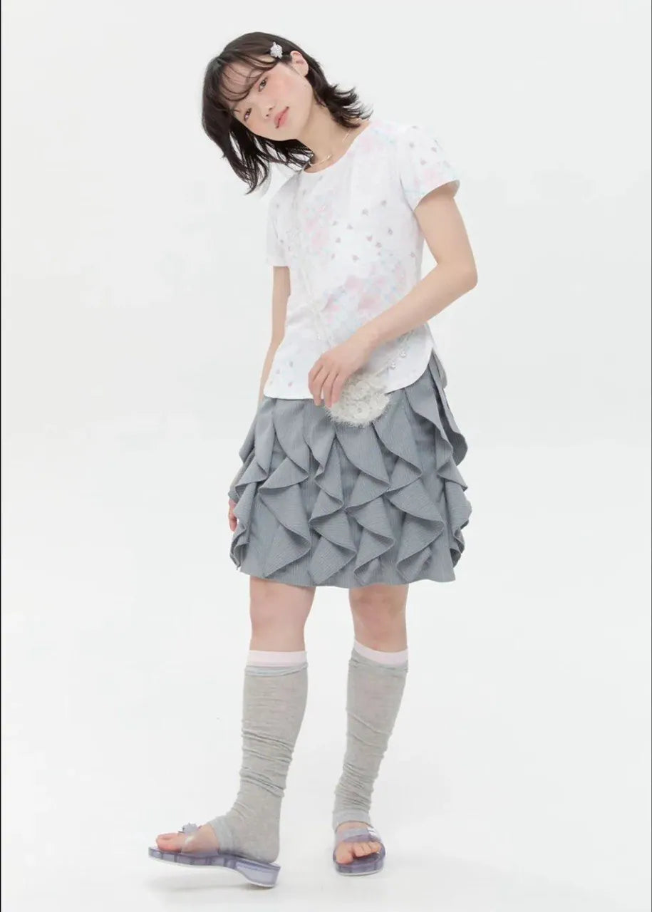 【typeservice】Flower Applique Curve Short Sleeve Top [Pink]
