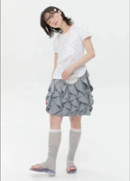 【typeservice】Flower Applique Curve Short Sleeve Top [Pink]