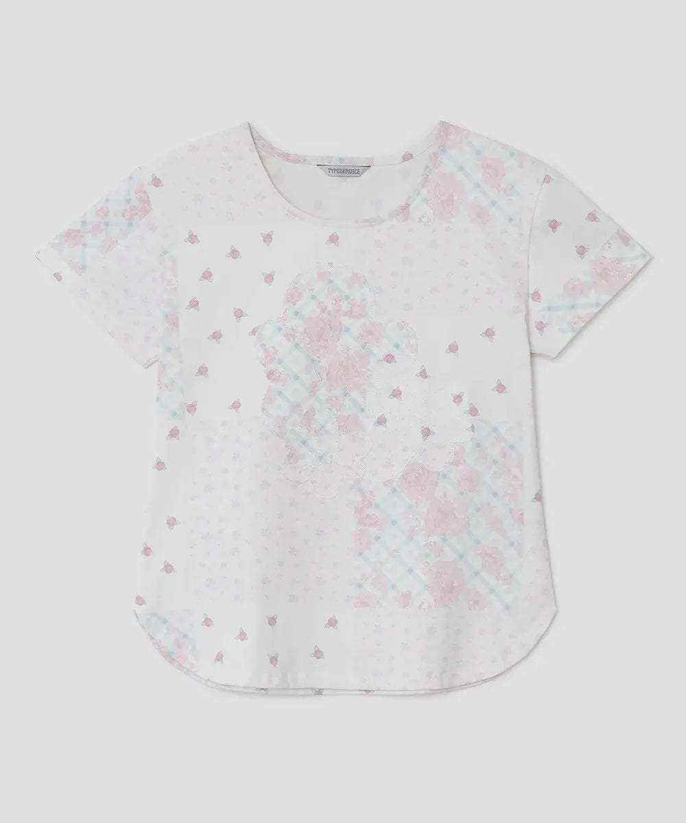 【typeservice】Flower Applique Curve Short Sleeve Top [Pink]