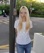 【typeservice】Flower Applique Curve Short Sleeve Top [Pink]