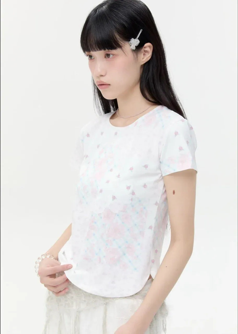 【typeservice】Flower Applique Curve Short Sleeve Top [Pink]