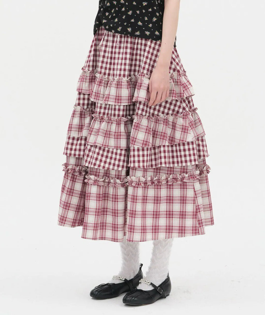 【typeservice】 Voluminous Check Tier Skirt [Black / Red]