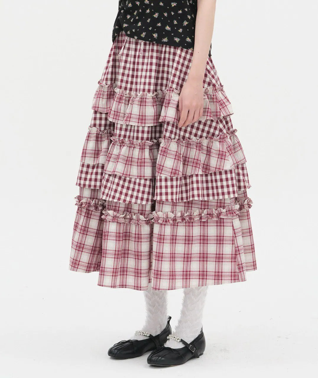 【typeservice】 Voluminous Check Tier Skirt [Black / Red]