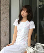 【typeservice】Flower Applique Curve Short Sleeve Top [Pink]