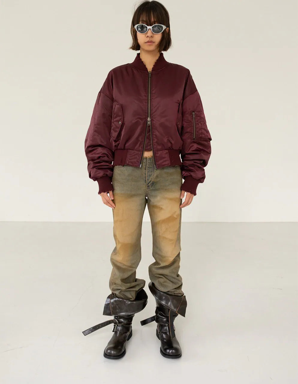 【NEGATIVETHREE】Knee-High Slouchy Long Boots[Glossy Brown]