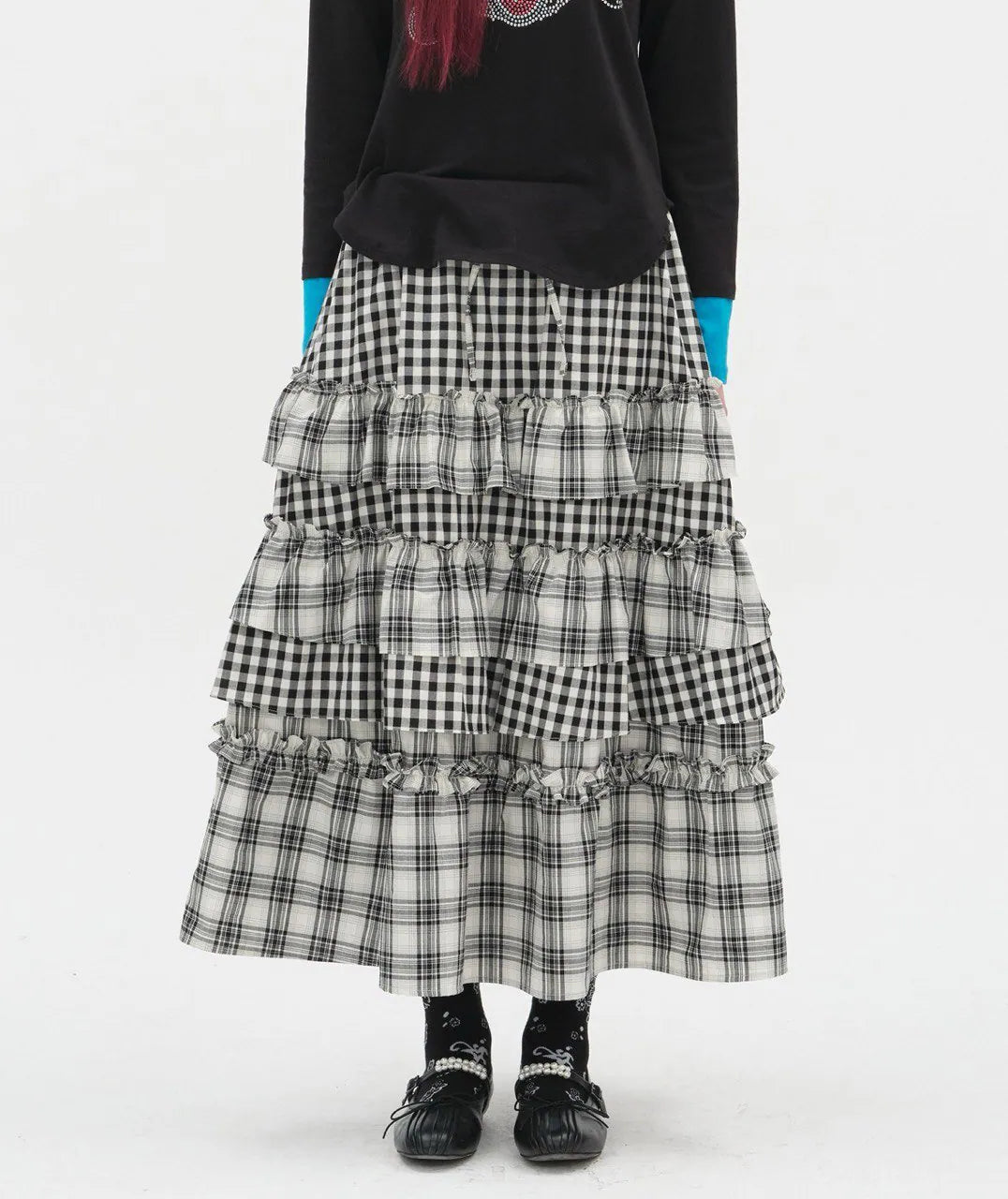 【typeservice】 Voluminous Check Tier Skirt [Black / Red]