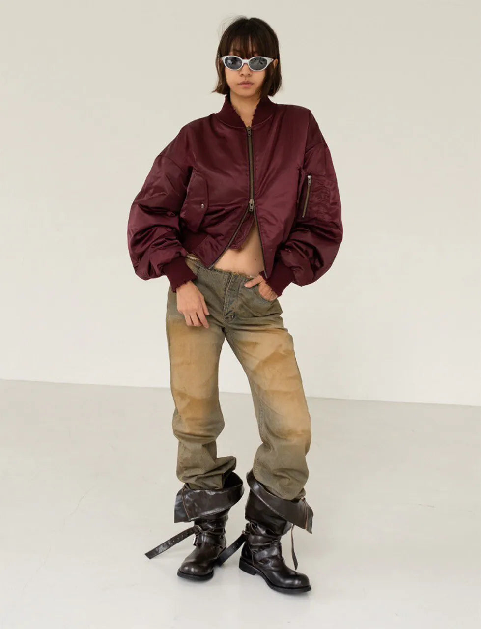 【NEGATIVETHREE】Knee-High Slouchy Long Boots[Glossy Brown]