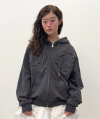 【typeservice】Flower Appliqué Zip Hoodie [Black / Charcoal]