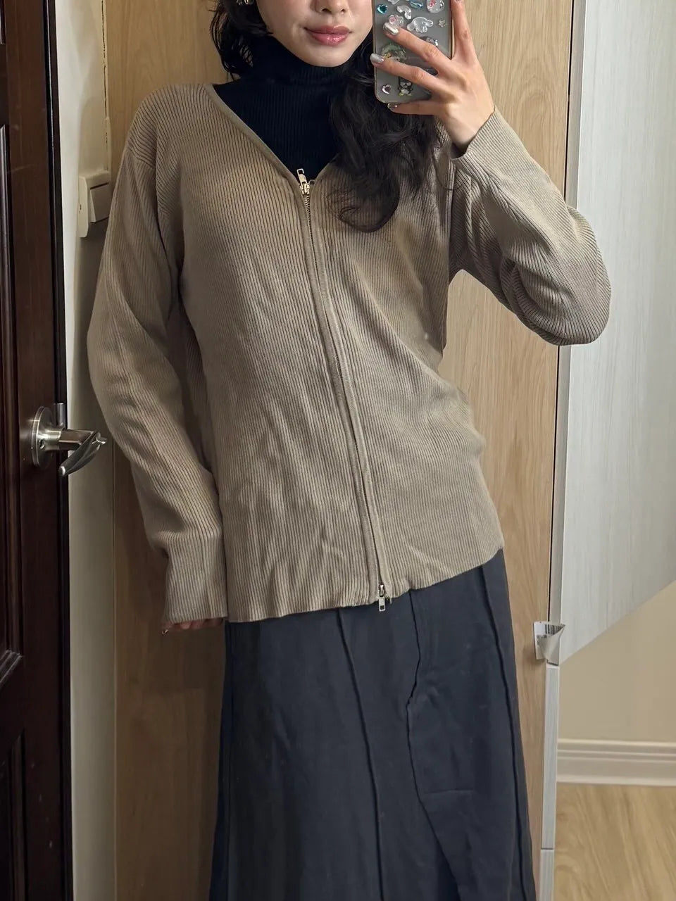 雙頭拉鏈羅紋薄長袖